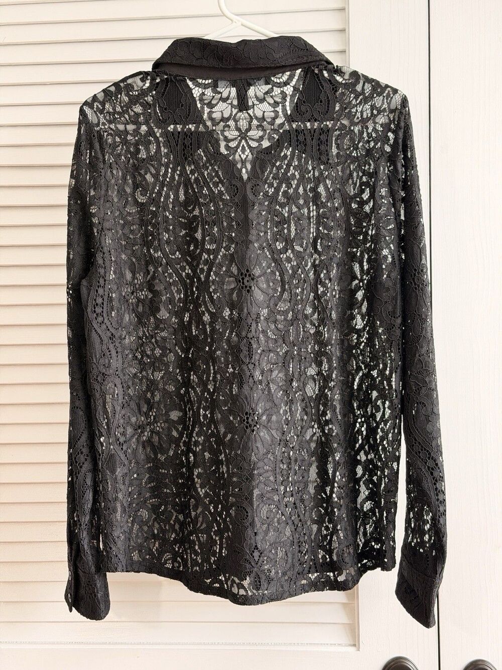 White House Black Market Black Lace Button Down Shirt Women L Sheer Long Sleeve - Picture 2 of 7